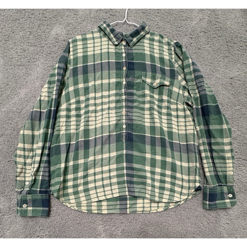 J. Crew Women's Casual Plaid Half Button Linen Long Sleeve Blouse Size XL